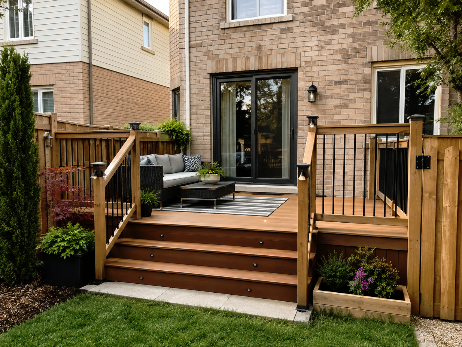 Backyard deck renovation example with stairs, railings, outdoor seating, privacy, and material direction