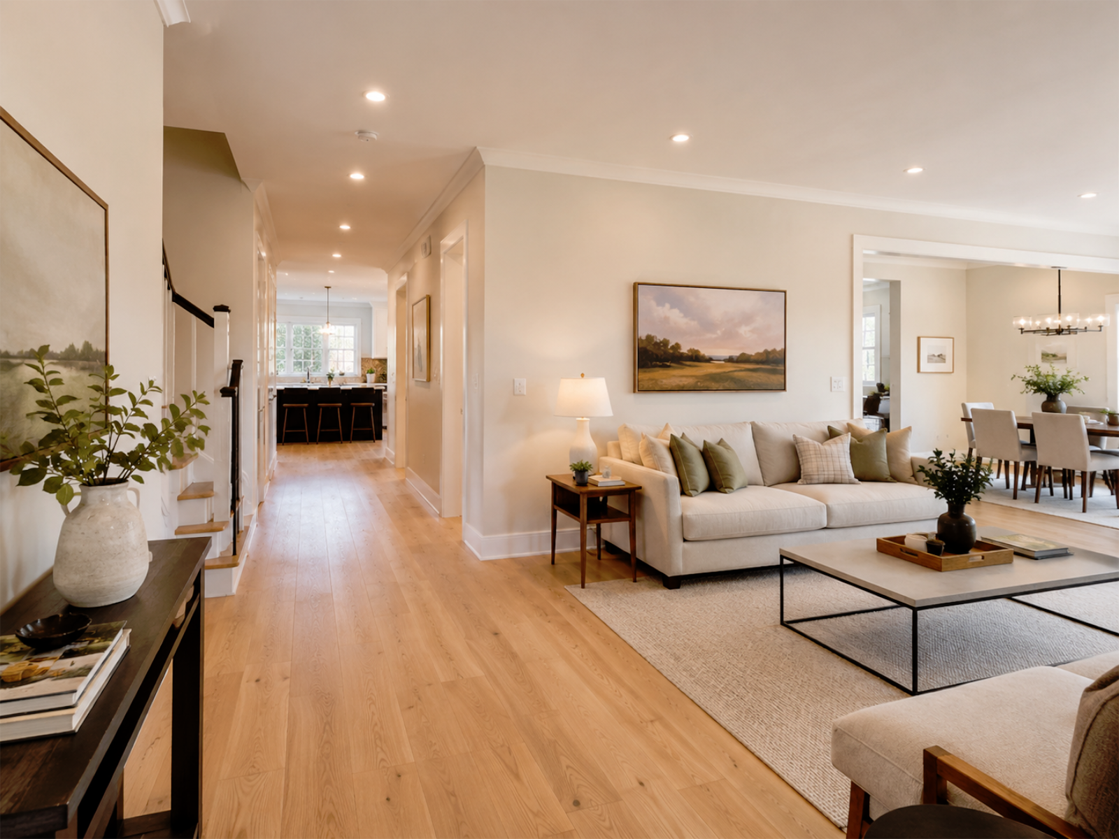 Full home renovation example with coordinated living, dining, kitchen, flooring, and trim details