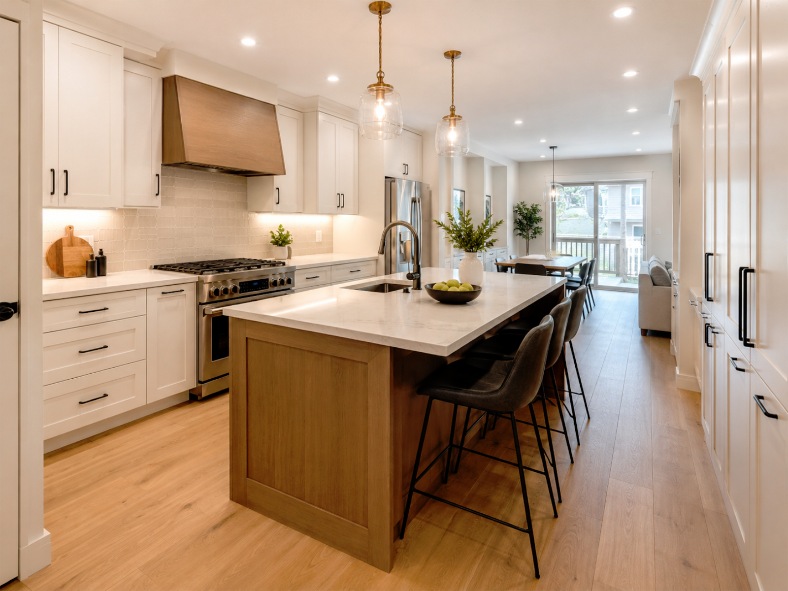 Bright family kitchen renovation example with island, cabinetry, lighting, and storage