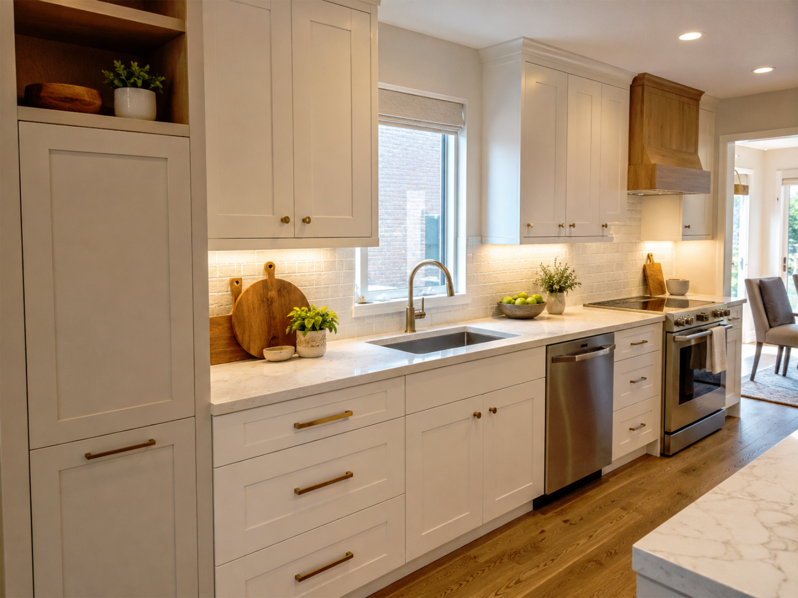 Clean kitchen renovation example with storage, backsplash, counters, and lighting