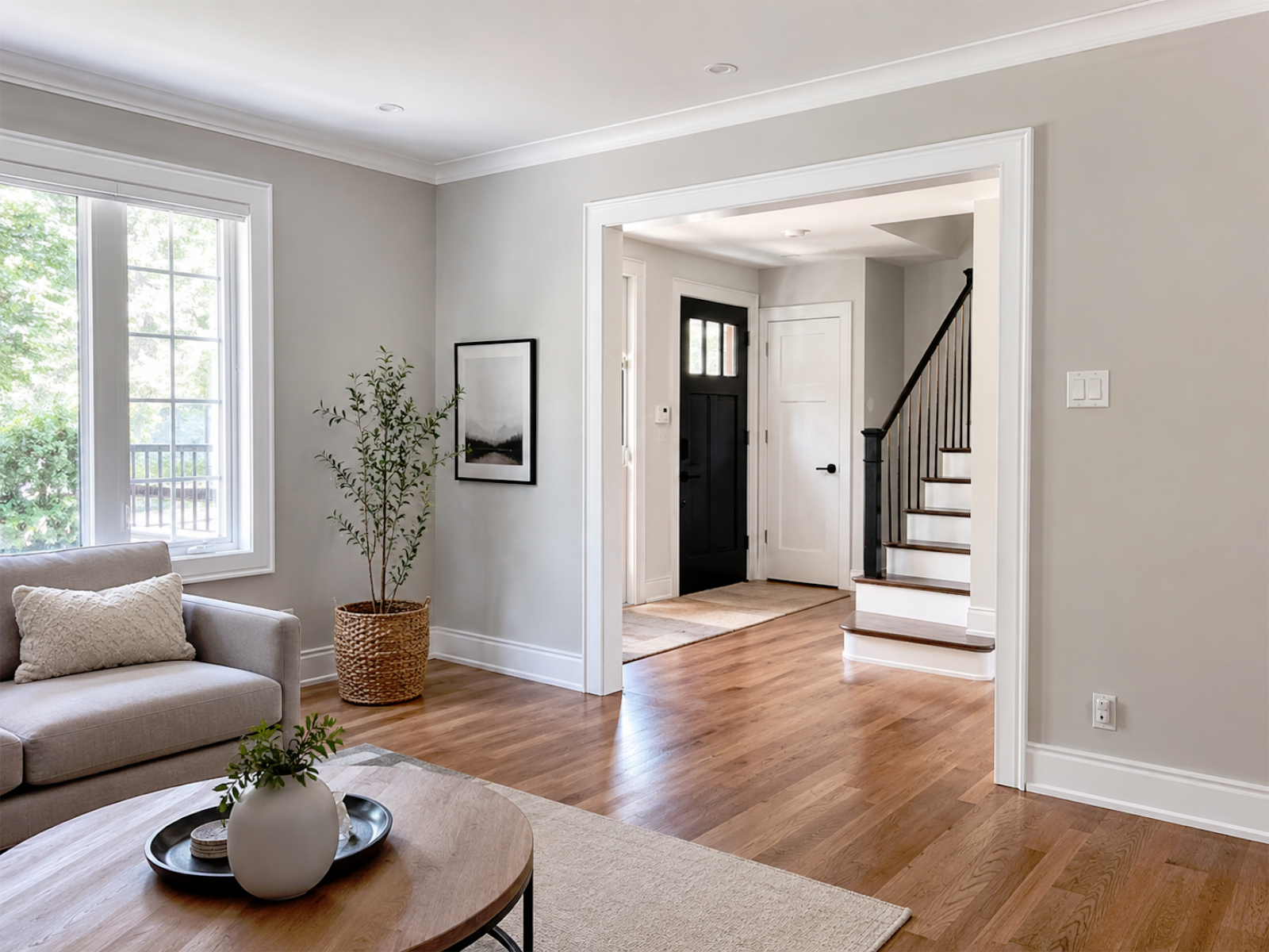 Painting and finish refresh example with clean walls, trim, baseboards, doors, and transitions