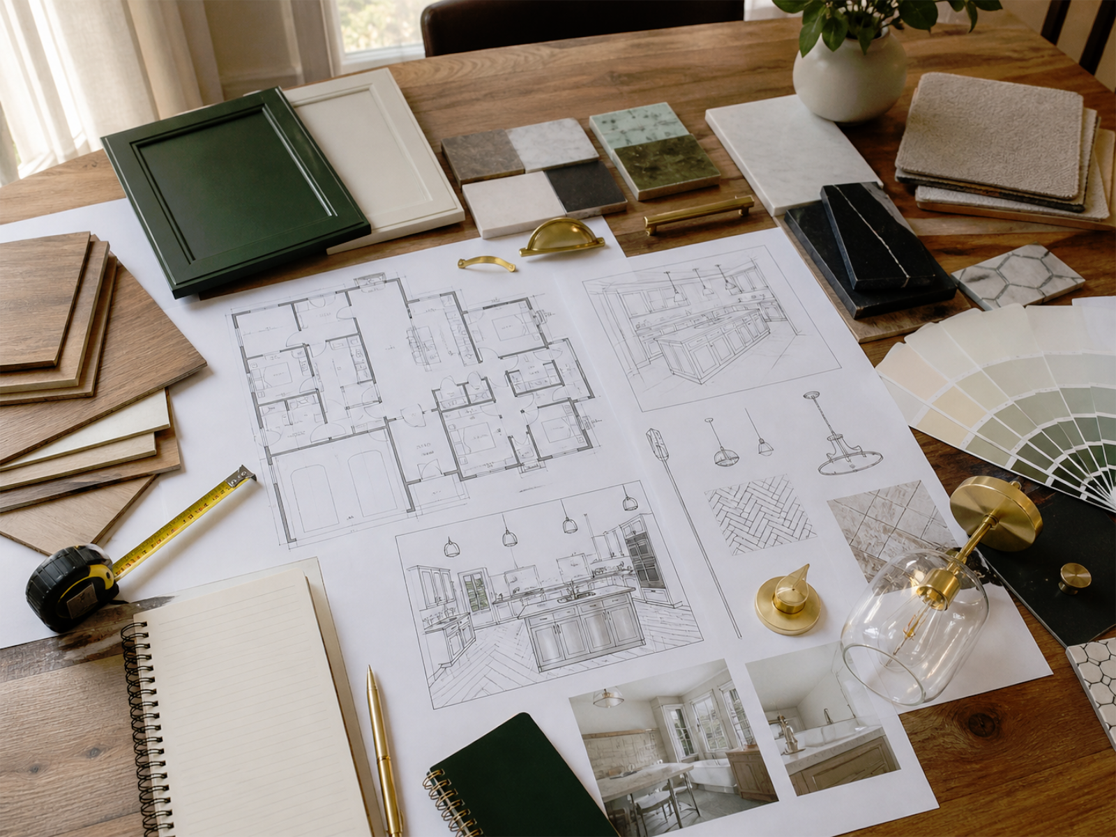 Full home renovation planning with layout notes, finish samples, flooring options, cabinetry details, lighting selections, and estimate details