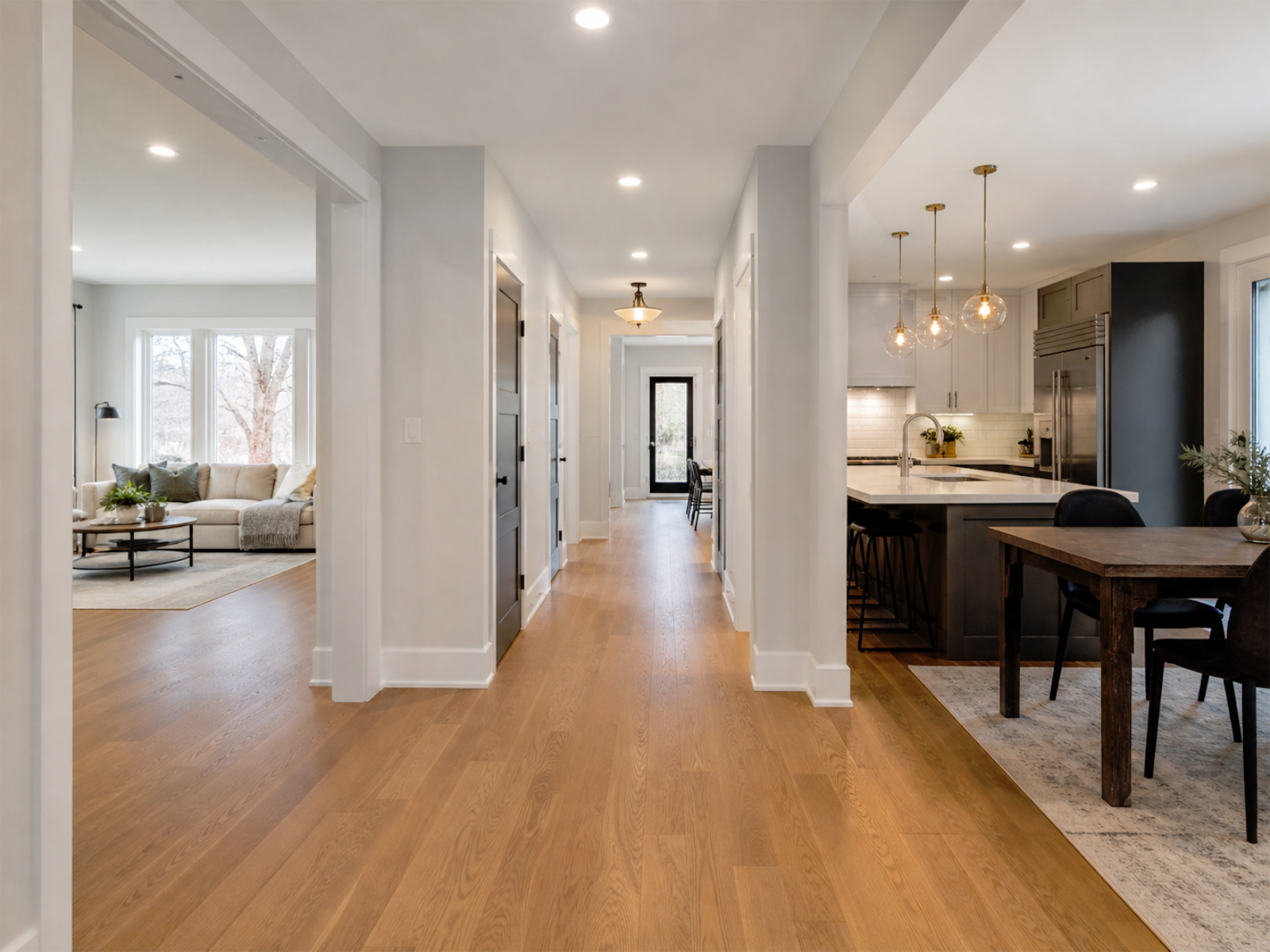 Interior renovation with updated flooring, trim, paint, lighting, room connections, and consistent whole-home finish selections