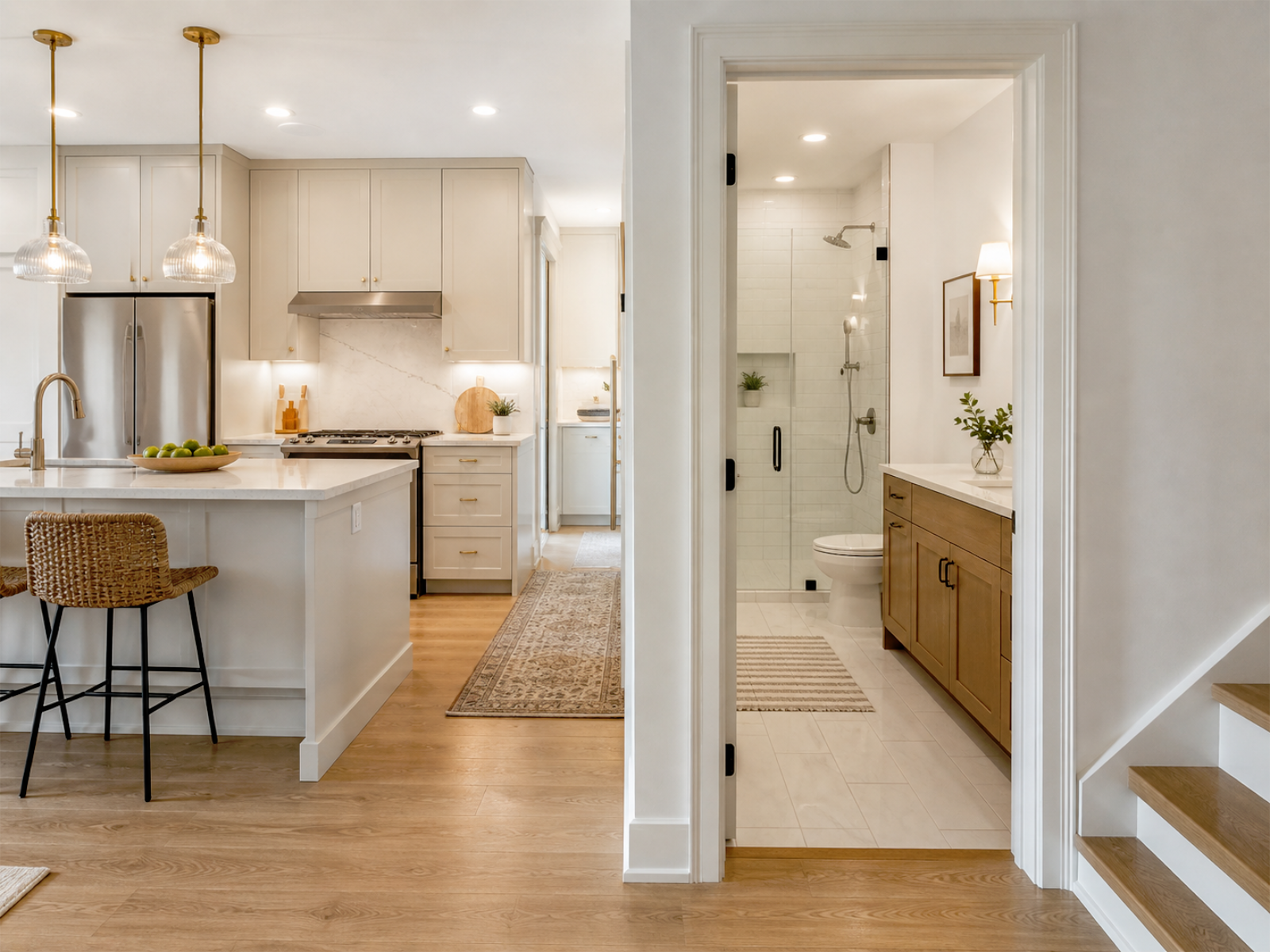 Coordinated kitchen and bathroom renovation with updated cabinetry, tile, fixtures, lighting, storage, and consistent finish direction