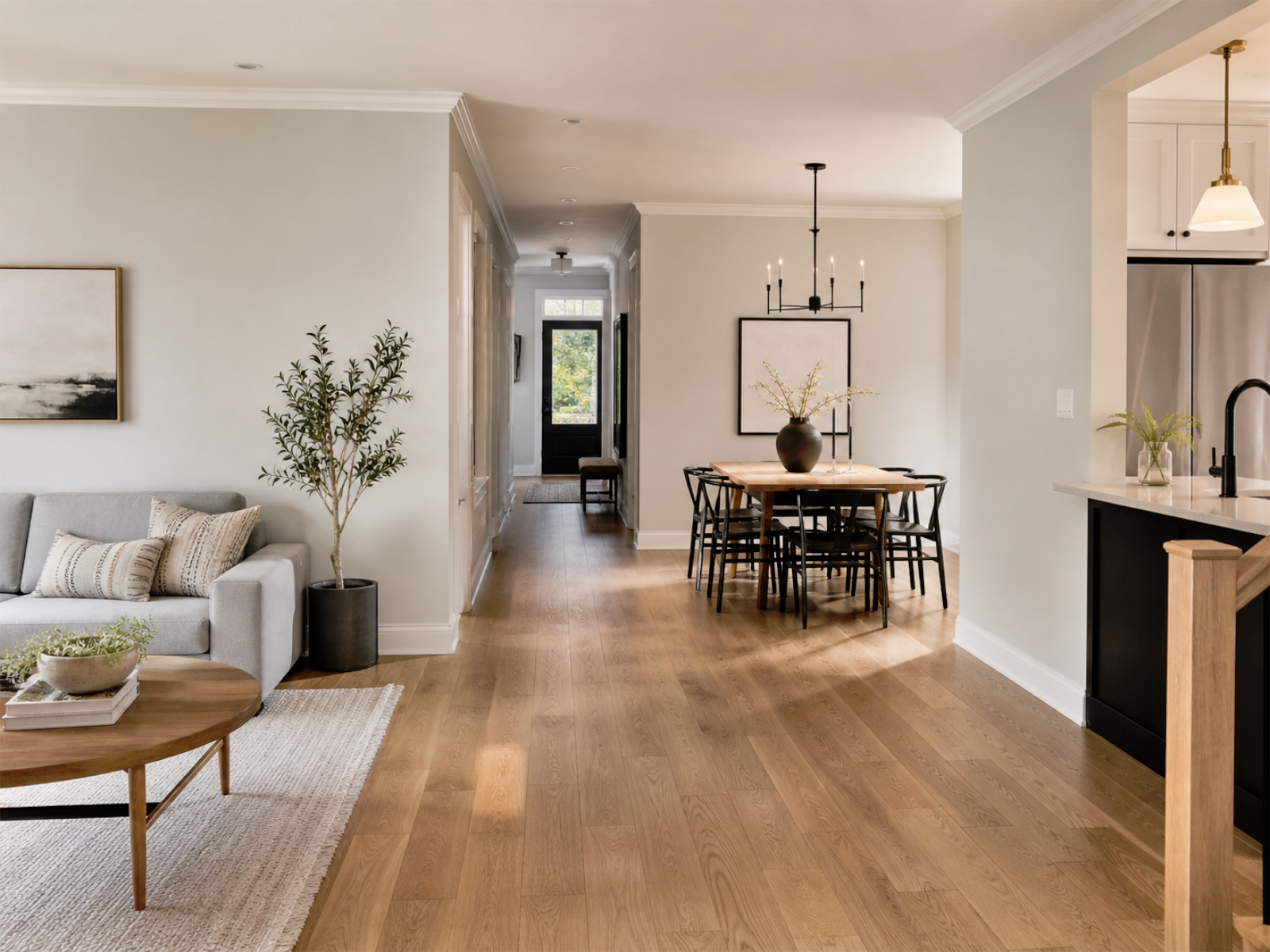 Main floor renovation with updated flooring, coordinated lighting, clean trim, comfortable living space, and connected kitchen and dining areas