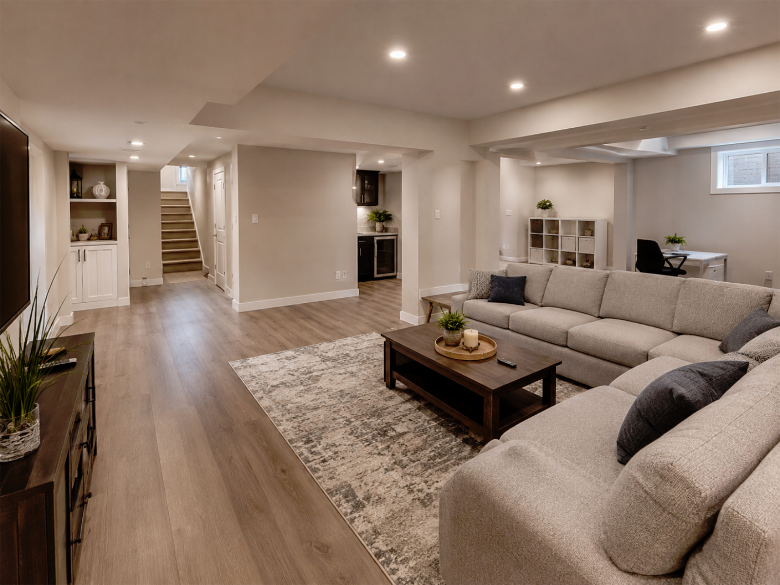 Finished basement renovation example with lighting, flooring, storage, and family living space