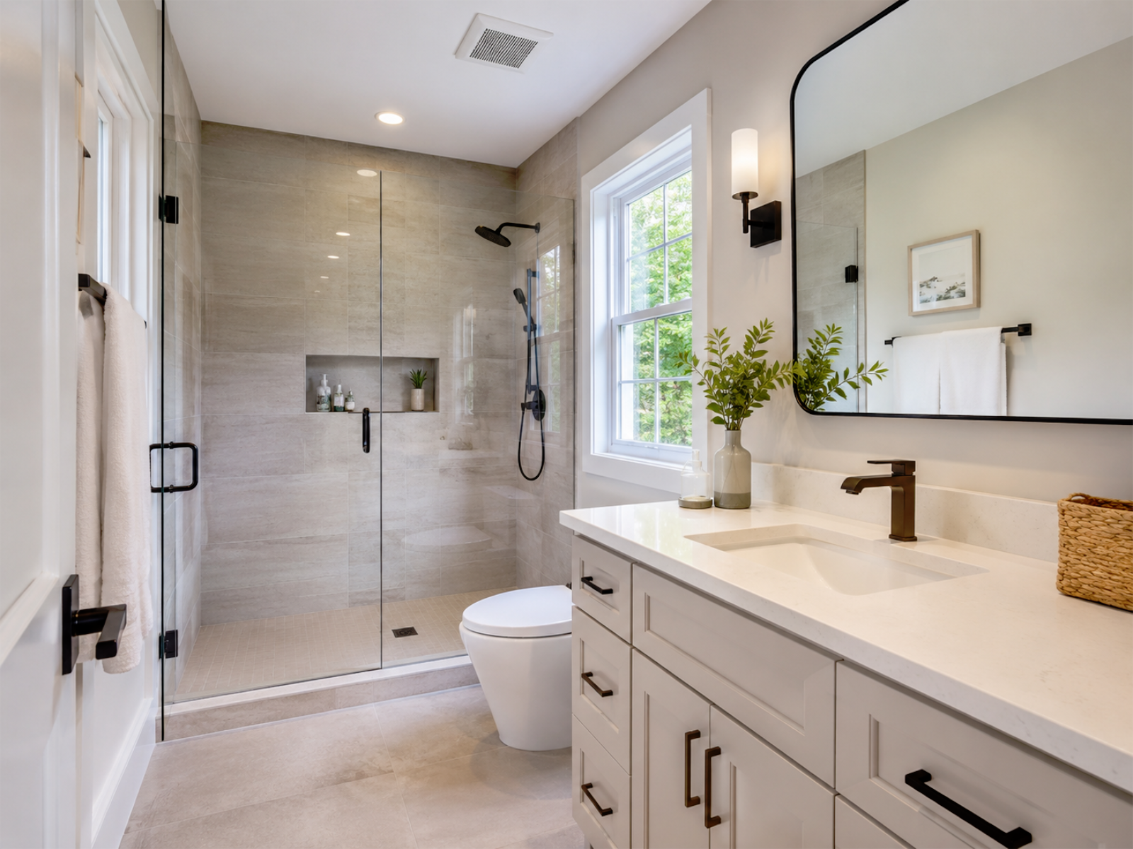 Bathroom renovation example with walk-in shower, vanity, tile coordination, lighting, and storage