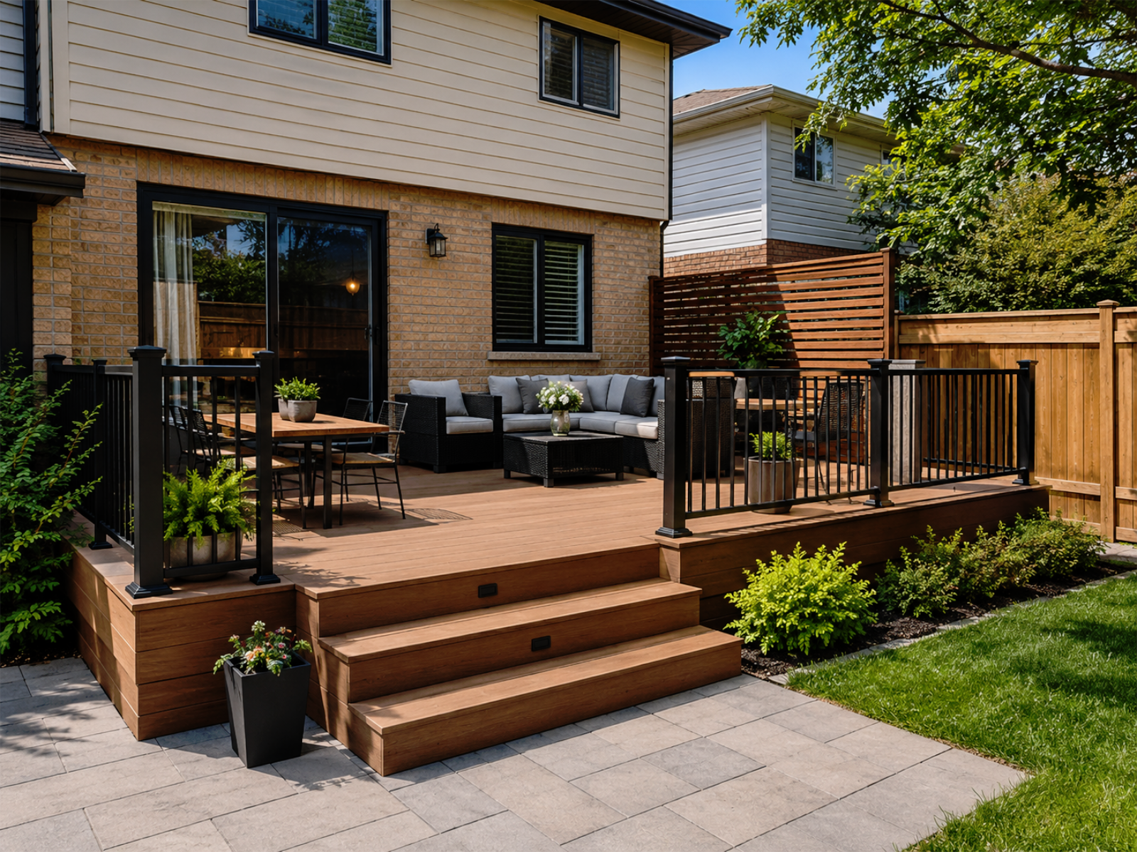 Deck renovation example with outdoor seating, railings, stairs, material direction, and backyard usability