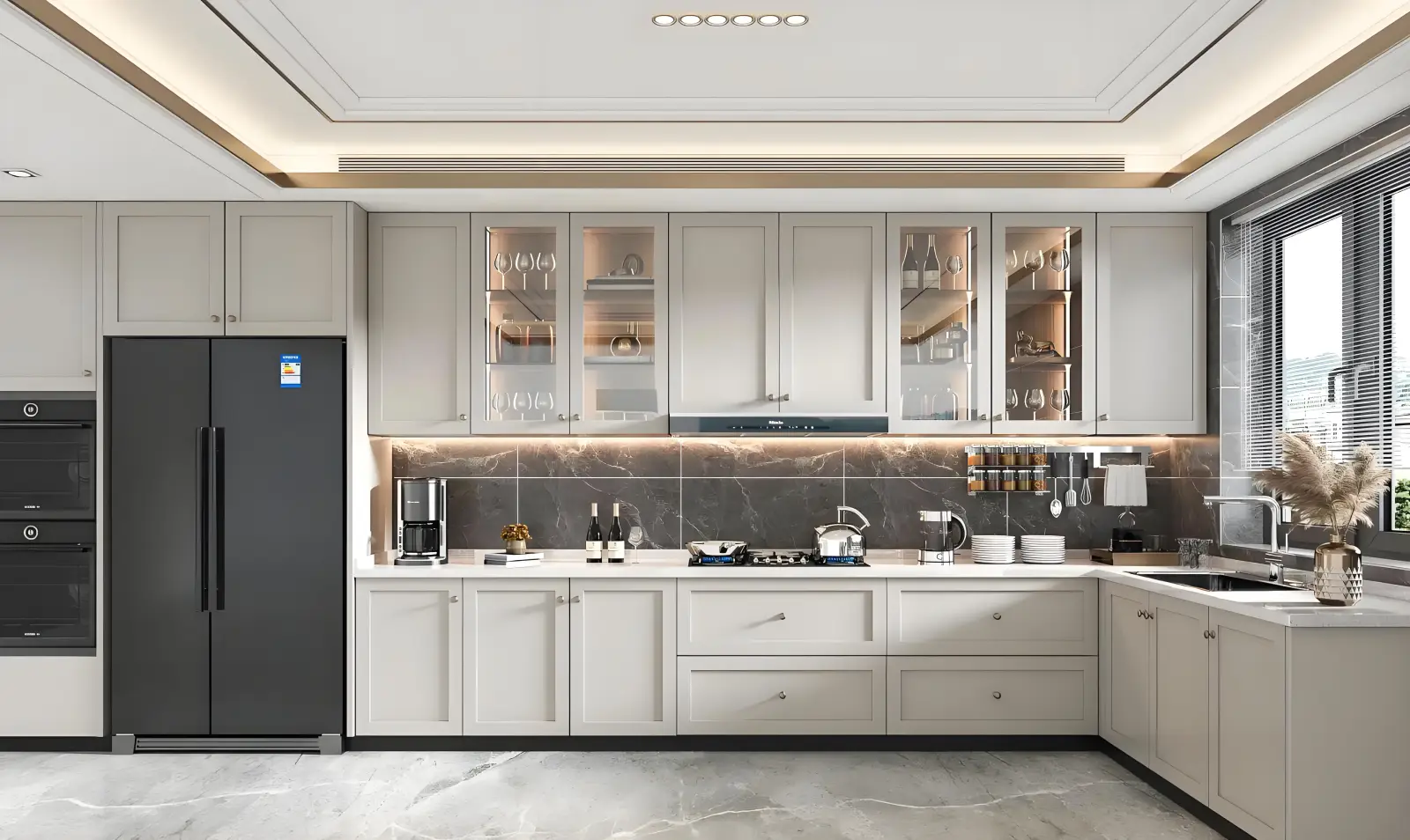 Finished Toronto kitchen renovation with island cabinetry lighting and coordinated finishes