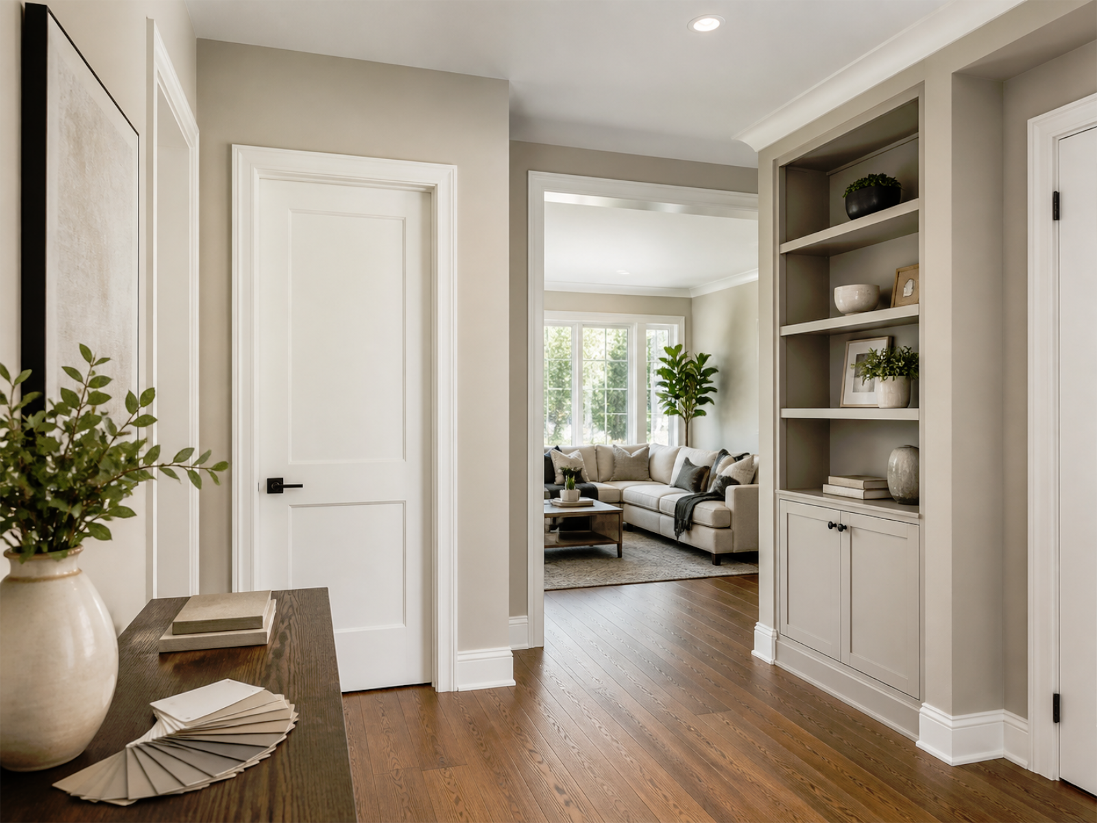 Paint finish and colour coordination for a Toronto and GTA home with coordinated wall colours, trim, doors, ceiling lines, flooring, cabinetry, and interior renovation finishes