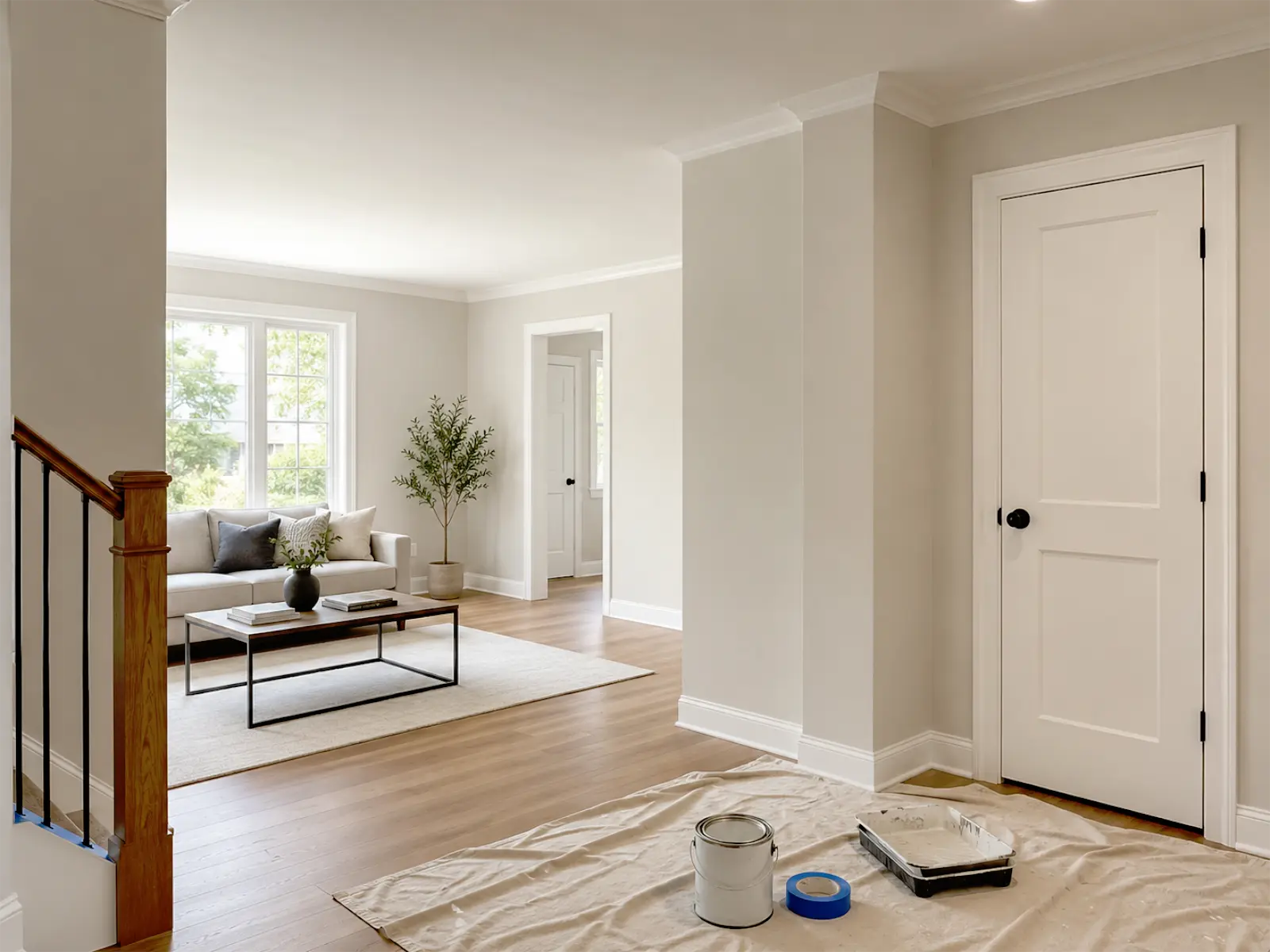 Interior painting and finishing details for a Toronto and GTA home with freshly painted walls, clean ceiling lines, painted trim, doors, baseboards, drywall patching, surface preparation, jobsite protection, and renovation touch-ups