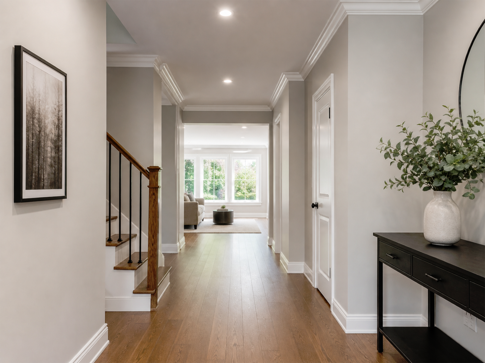 Post-renovation painting touch-ups with clean wall surfaces, trim details, baseboards, door frames, and coordinated interior finishes