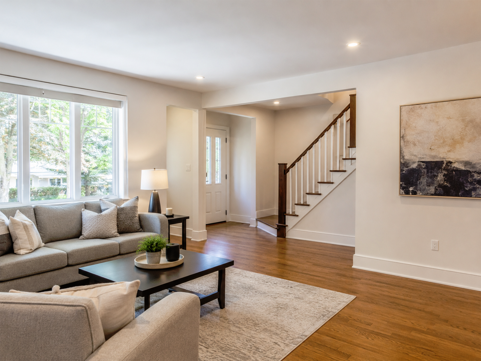 Interior wall and ceiling painting refresh with clean neutral walls, smooth ceiling lines, crisp white trim, and bright Toronto GTA home interior finishes