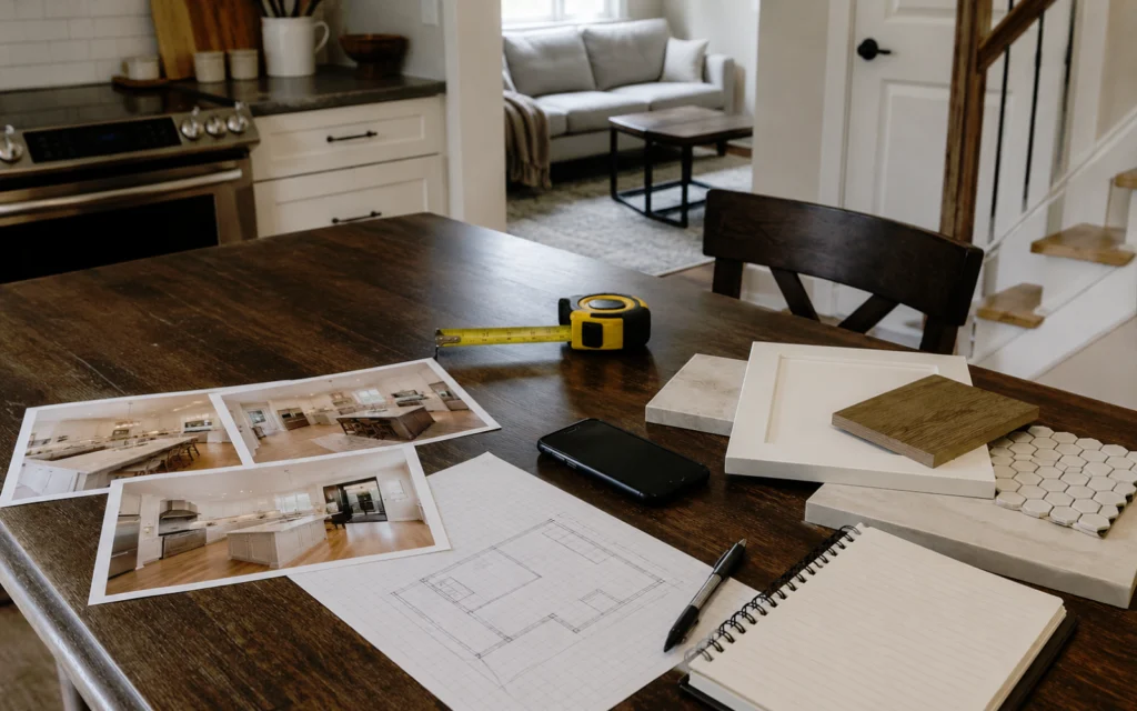 Renovation estimate preparation in a Toronto home with project photos, floor sketch, measuring tape, notebook, phone, and material samples