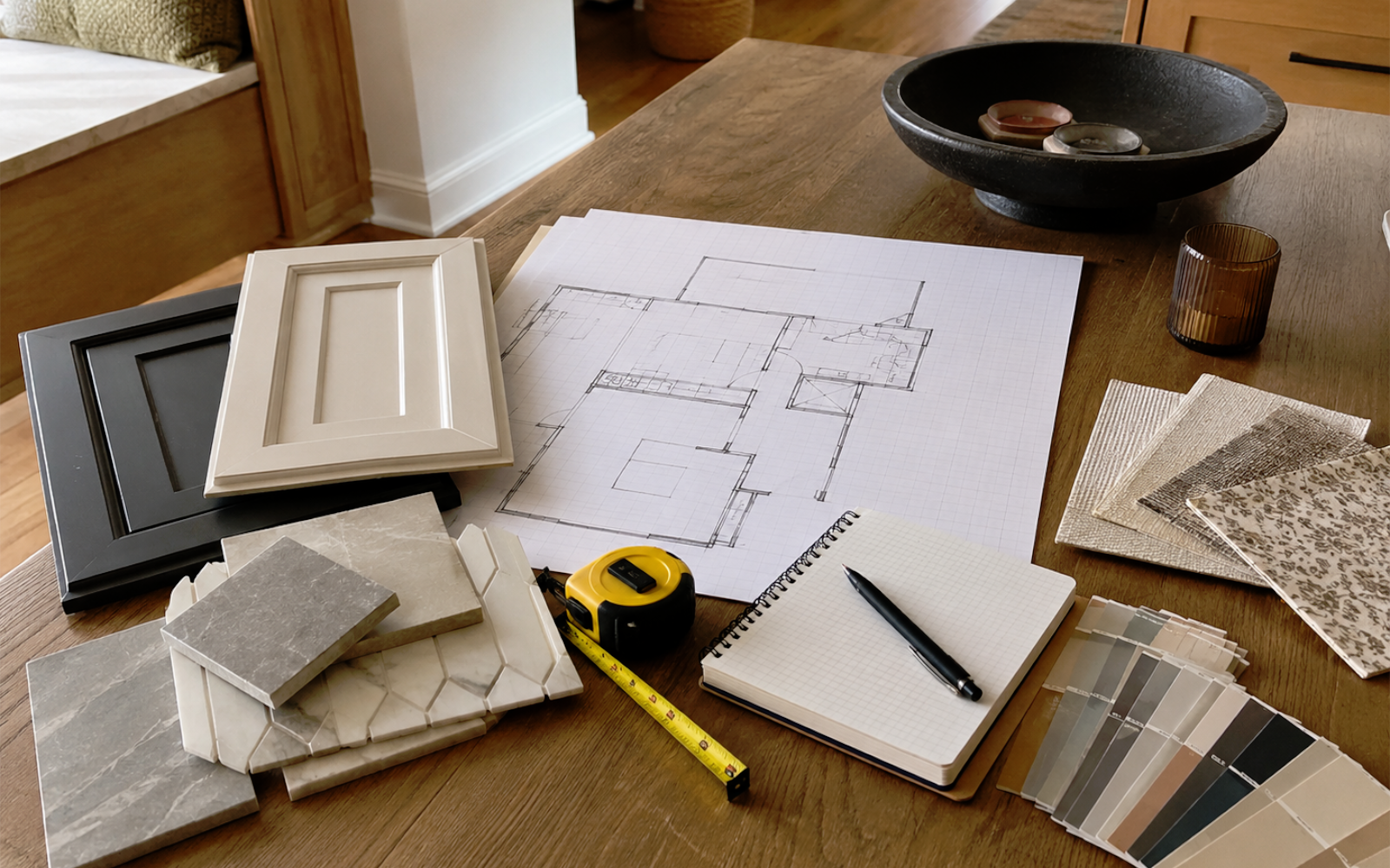 Renovation planning in a Toronto home with cabinet samples, tile samples, paint swatches, floor sketch, and notebook for discussing scope priorities and budget direction