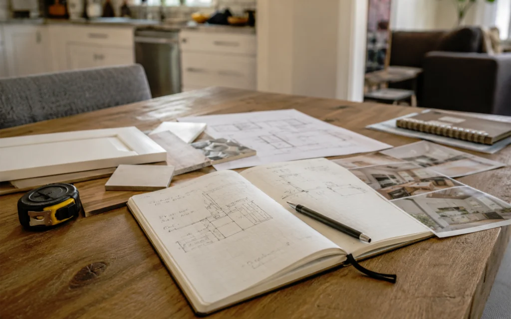 Renovation scope and budget planning in a Toronto home with floor sketches, notebook, measuring tape, material samples, and kitchen background