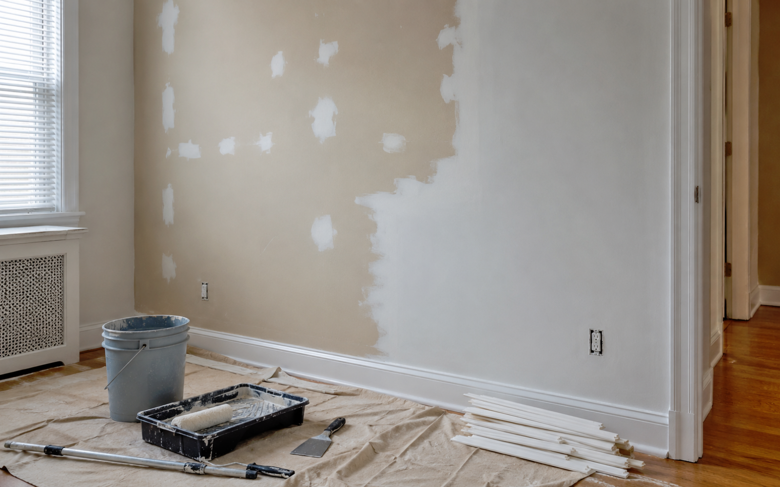 Wall preparation before painting in a Toronto home with patching, sanding, primer, trim pieces, and painting tools