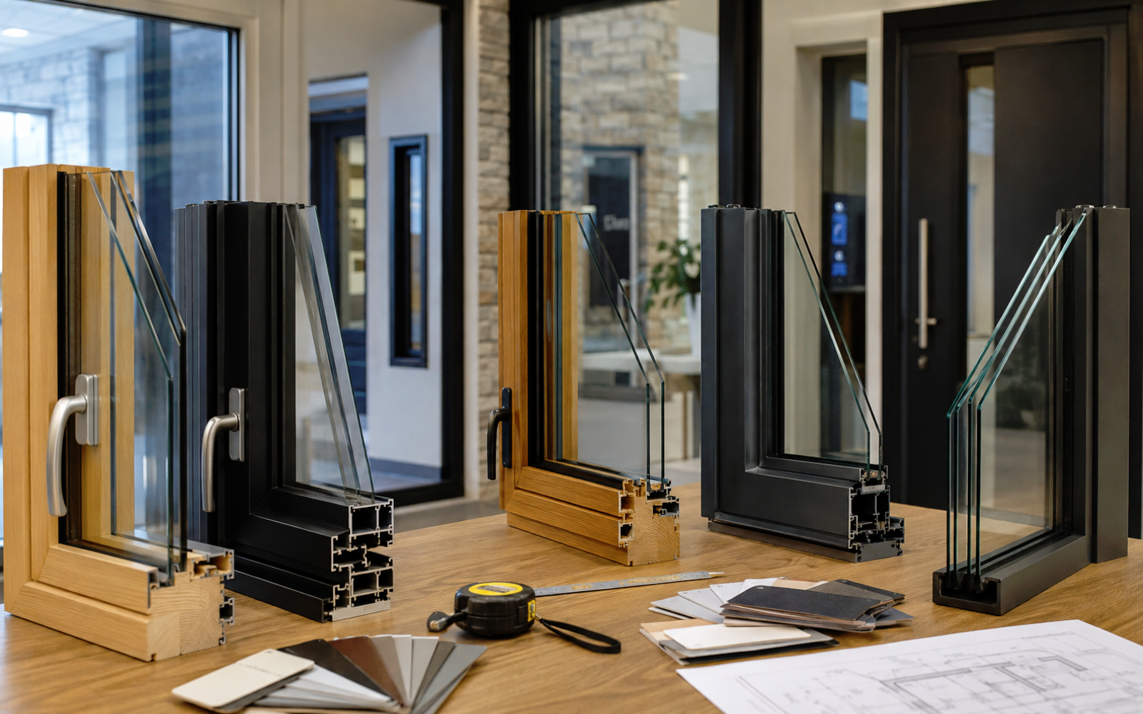 Window and door showroom review in Toronto with aluminum-clad wood and aluminum frame samples, glass units, finish samples, and measurement tools