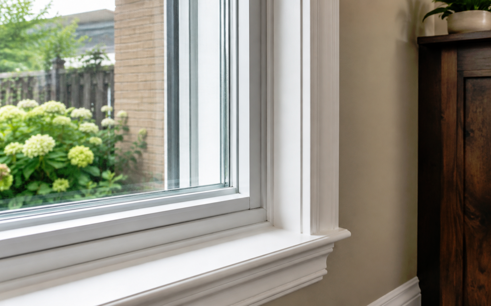 Interior window trim and casing detail in a Toronto home showing clean sill, painted trim, and finished window installation