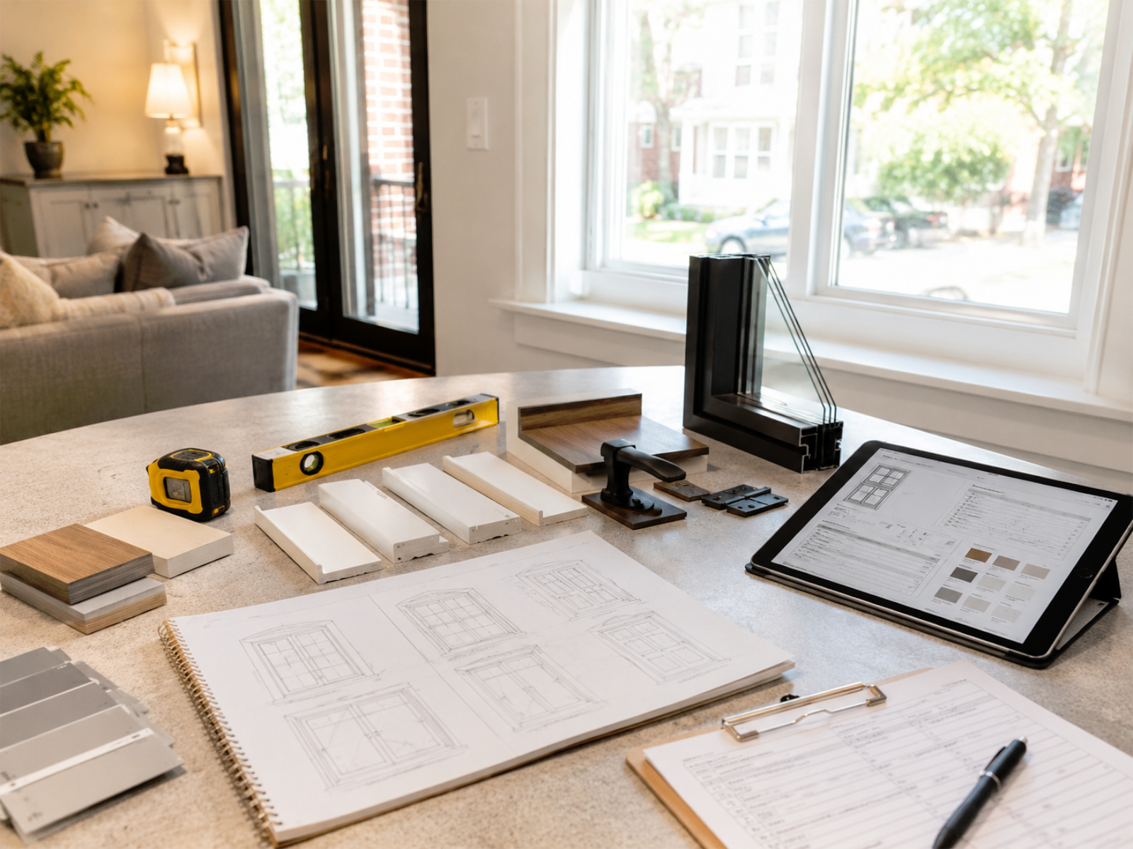 Window and door replacement estimate planning with measurement notes, opening count, product options, hardware finishes, rebate documentation, and installation timeline details for a Toronto and GTA home