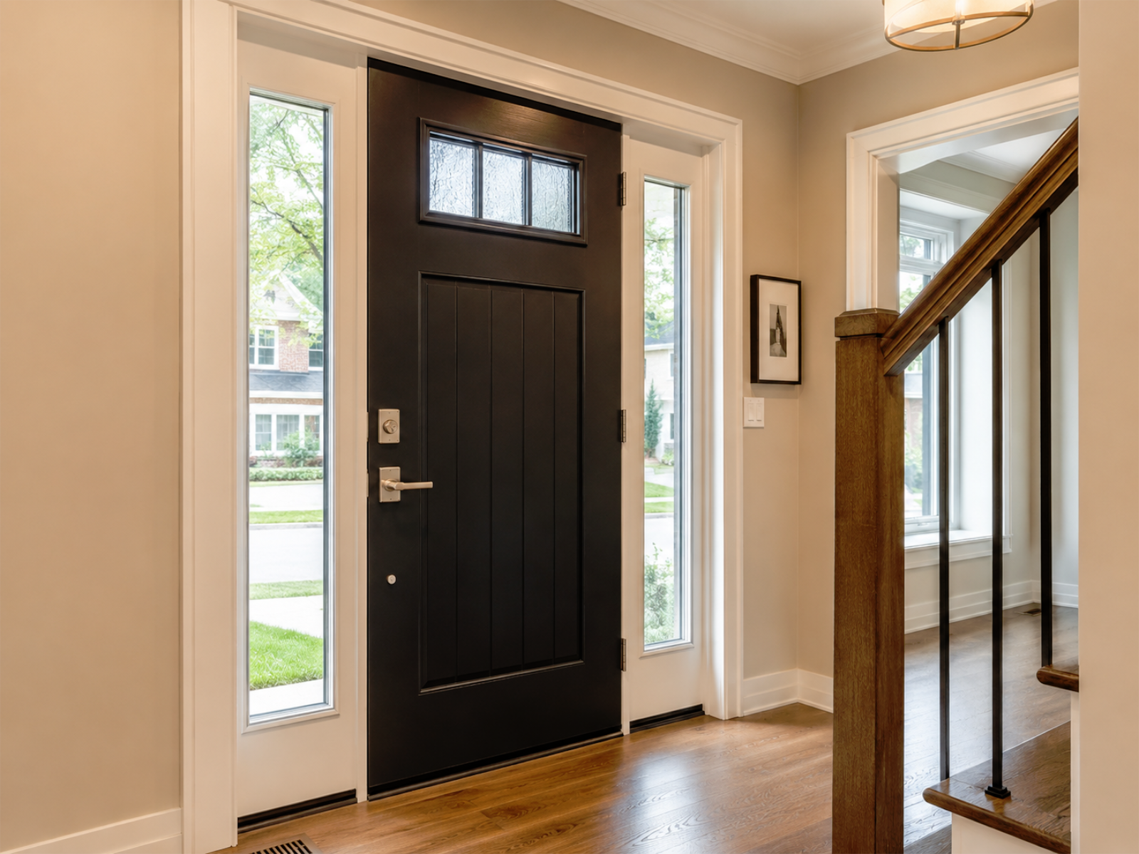 Entry door replacement project with security-aware hardware, sidelites, clean casing, threshold details, and polished Toronto GTA residential foyer finish