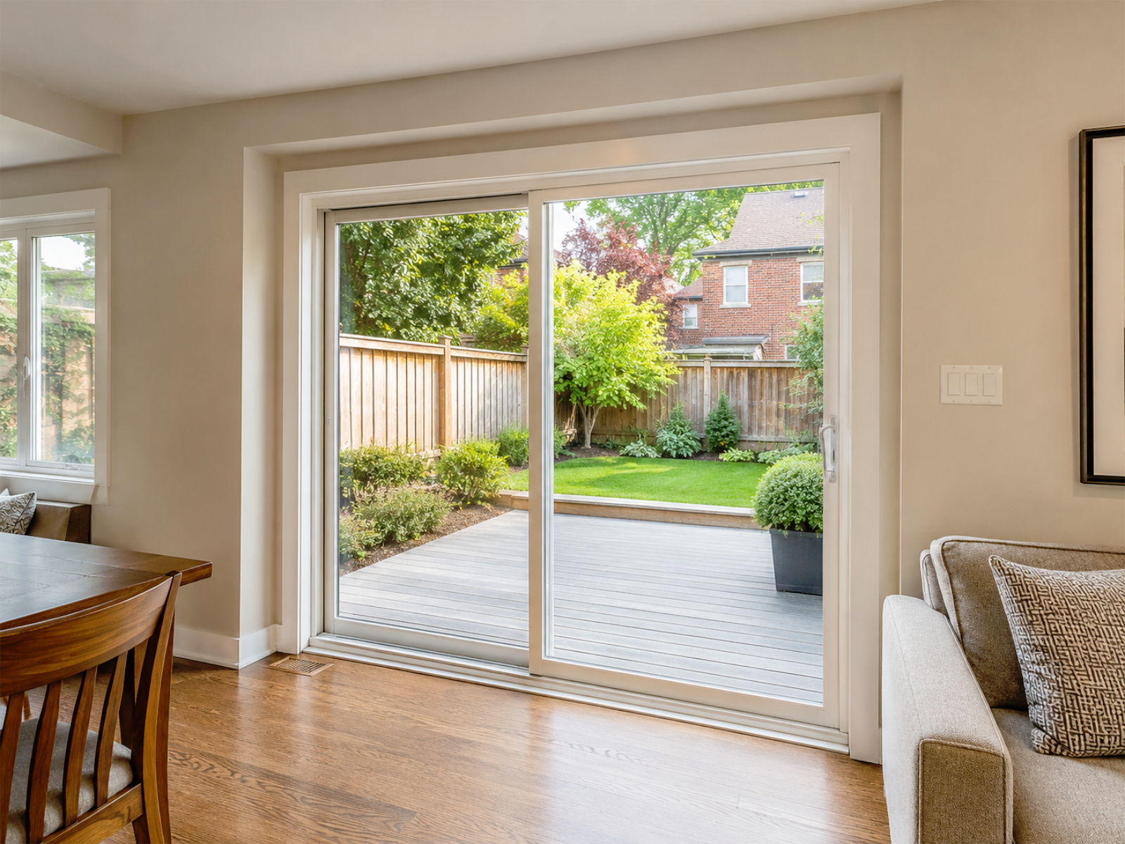 Patio and sliding door replacement project with improved backyard access, glass layout, track operation, threshold details, and clean interior trim finish