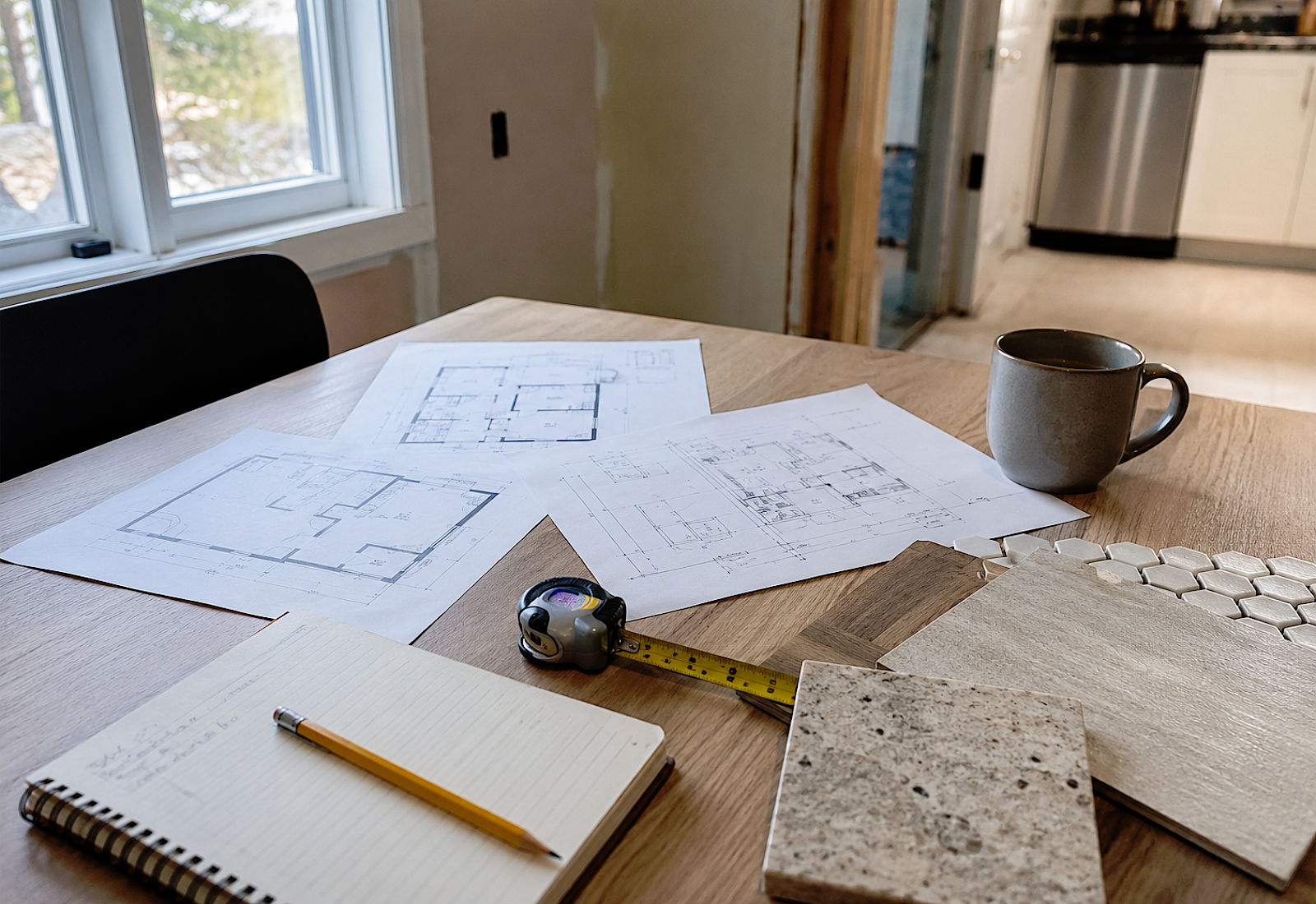 Renovation plans and material samples prepared for an interior renovation in Toronto