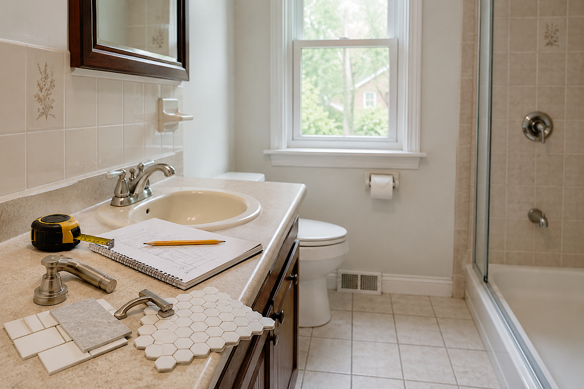 Bathroom renovation planning before replacing tiles and fixtures in a Toronto home
